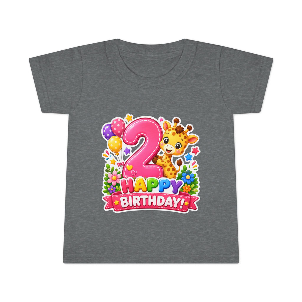 2nd Birthday Toddler T-Shirt — Cute Giraffe "Happy Birthday" Design