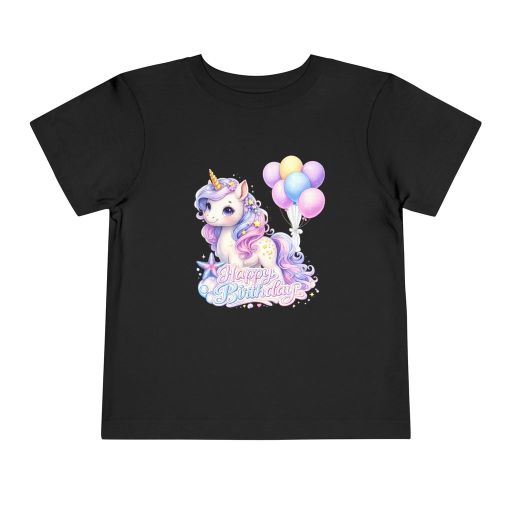Toddler Tee — Pastel Unicorn "Happy Birthday" Shirt with Balloons