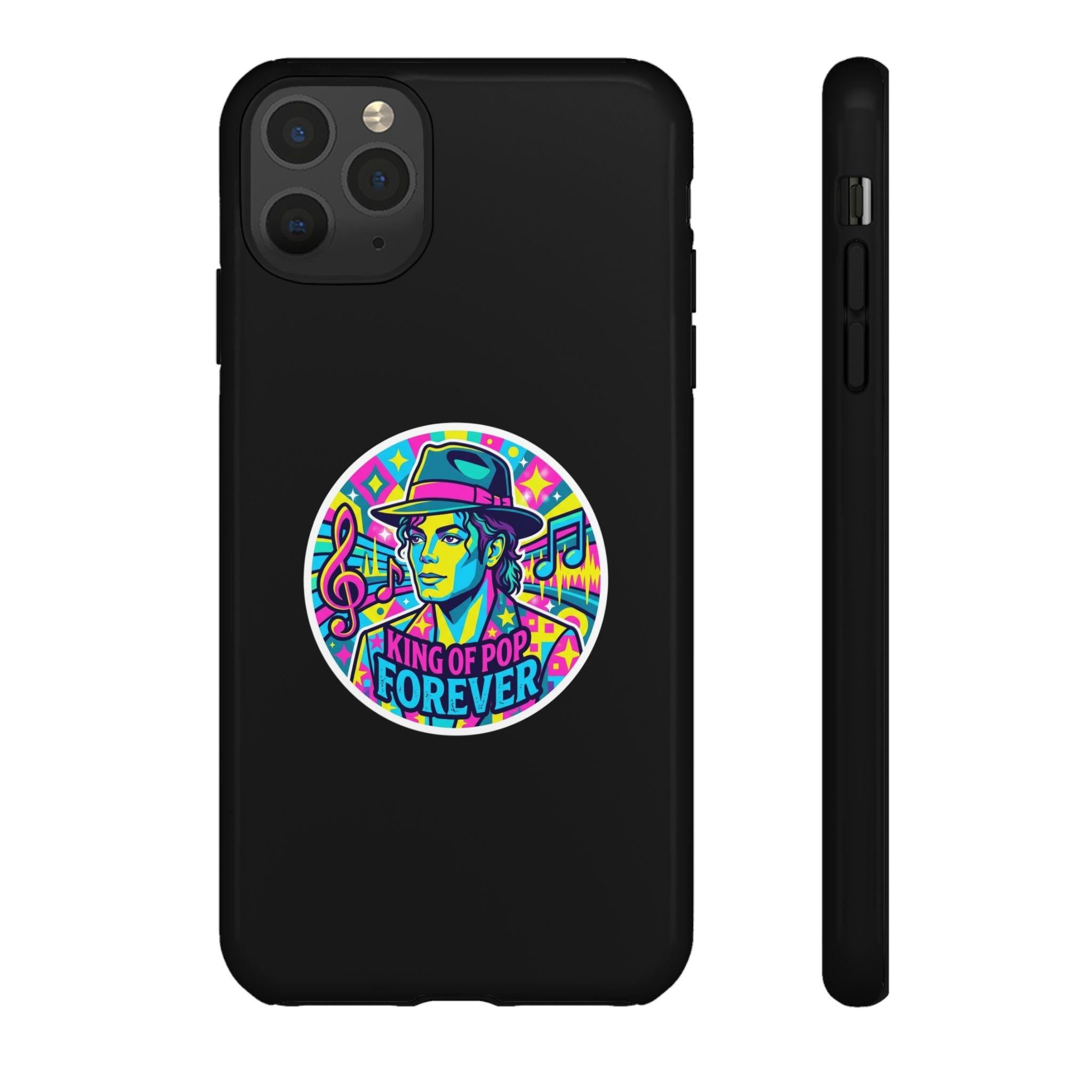 Matte Black iPhone Tough Cases 12 to 17 Pro Max  — "King of Pop Forever" Retro Pop Art Phone Case.