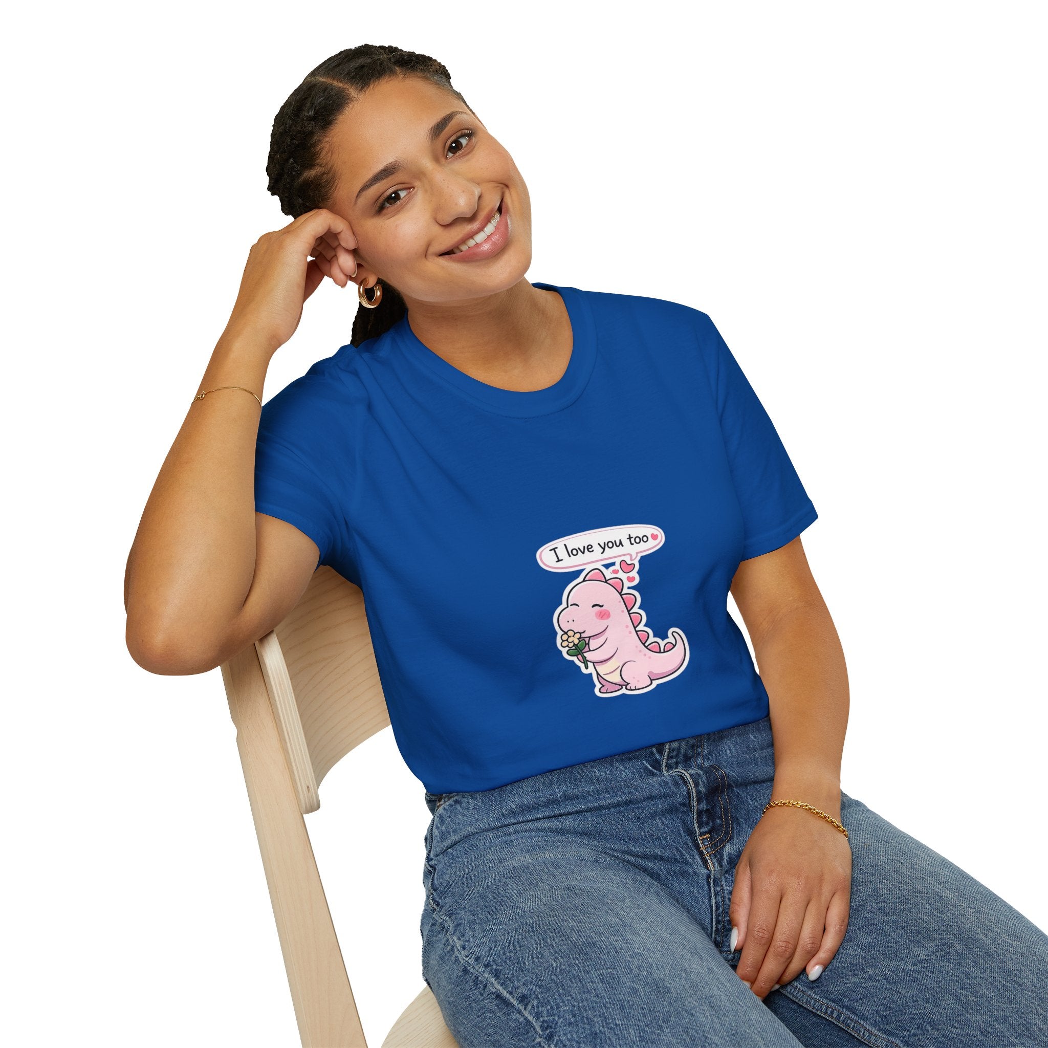 Cute Pink Dino T‑Shirt — "I love you too" Valentine Tee