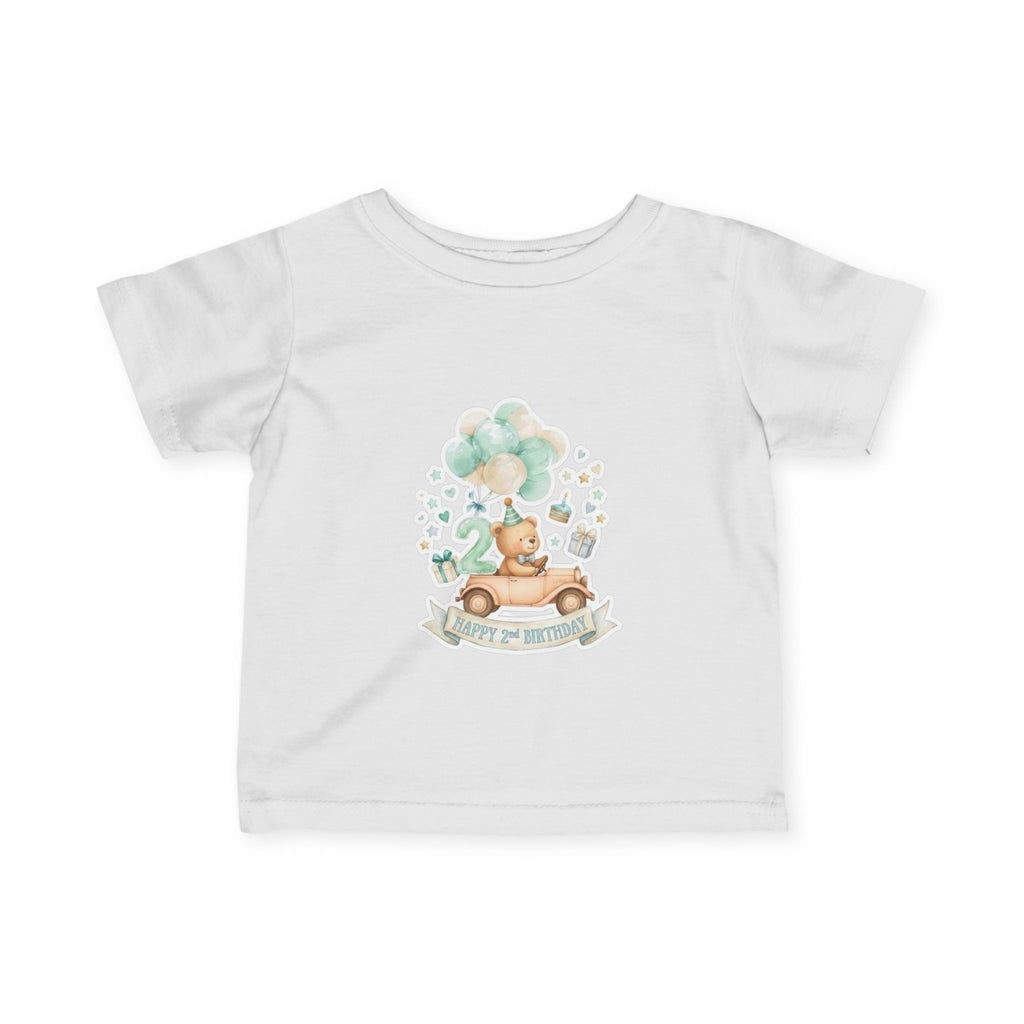 Baby 2nd Birthday Tee - Cute Bear in Car with Balloons Infant Shirt