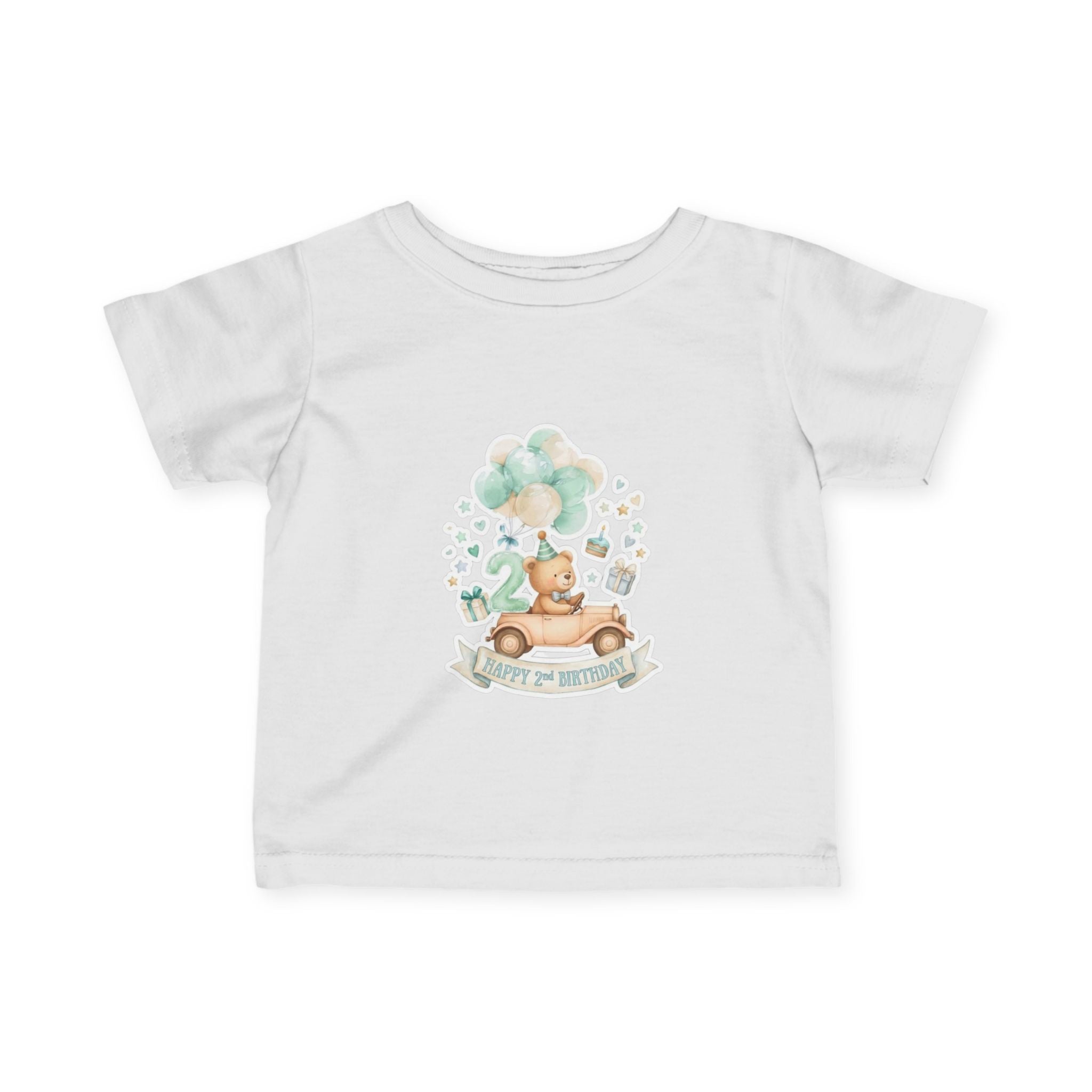 Baby 2nd Birthday Tee - Cute Bear in Car with Balloons Infant Shirt
