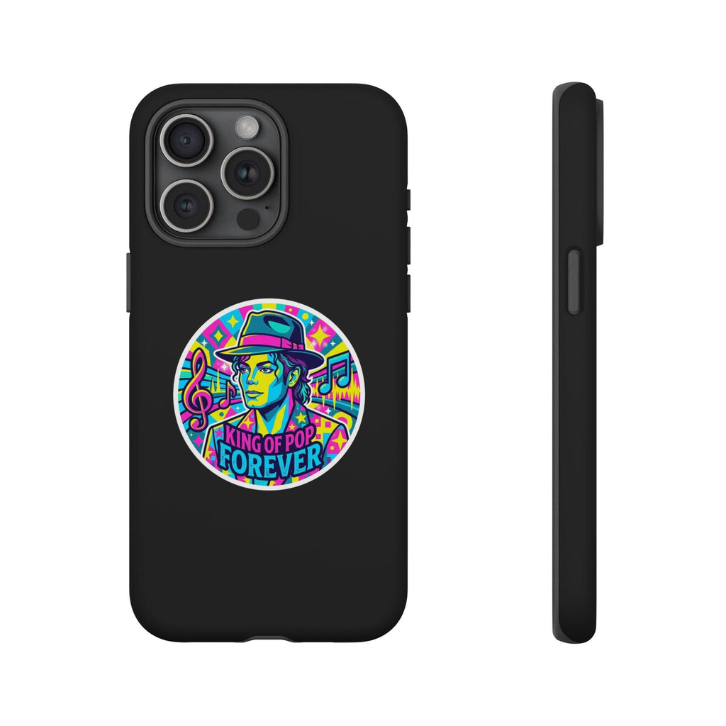 Matte Black iPhone Tough Cases 12 to 17 Pro Max  — "King of Pop Forever" Retro Pop Art Phone Case.