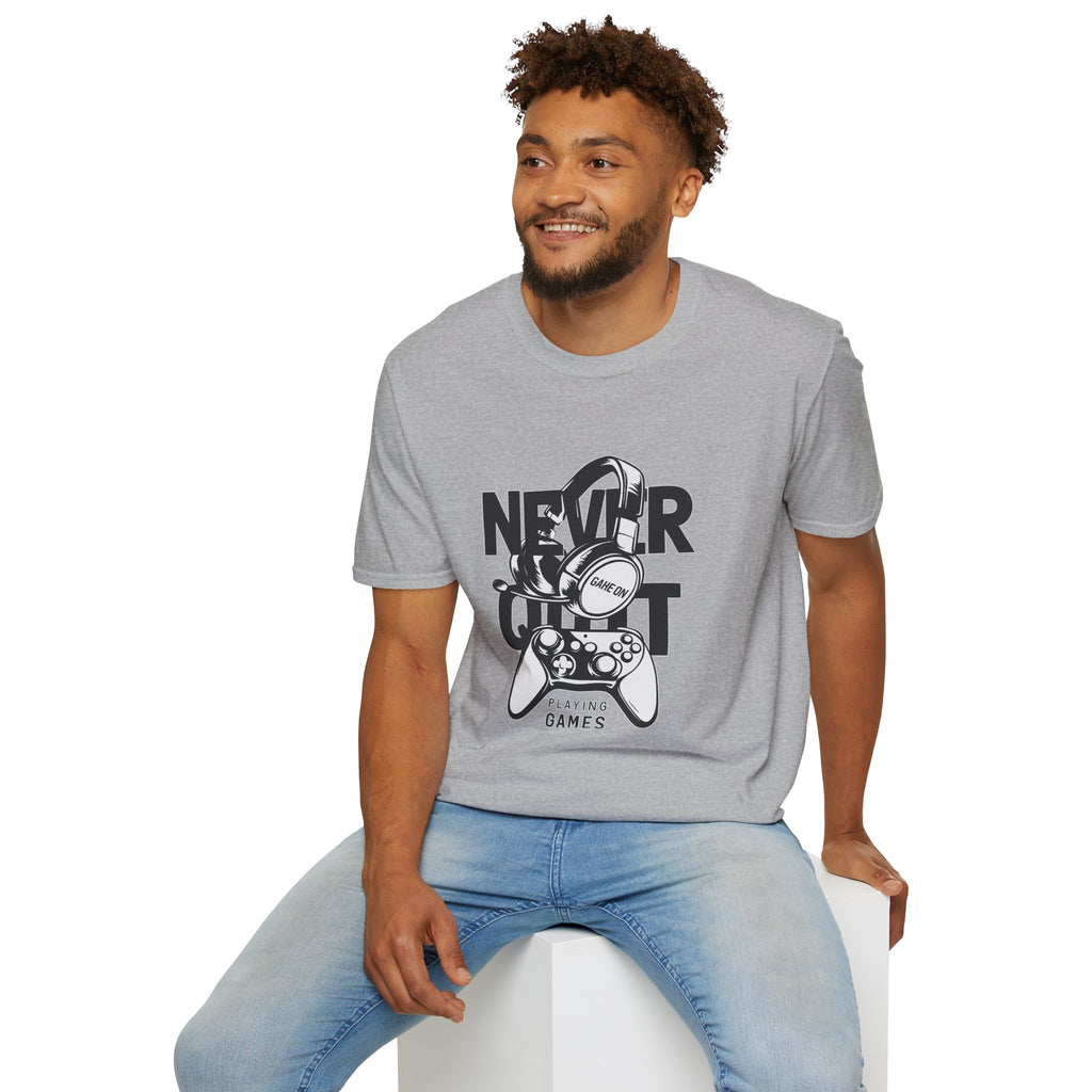 Gamer 'Never Quit' T-Shirt — Headphones & Controller Retro Gaming Tee