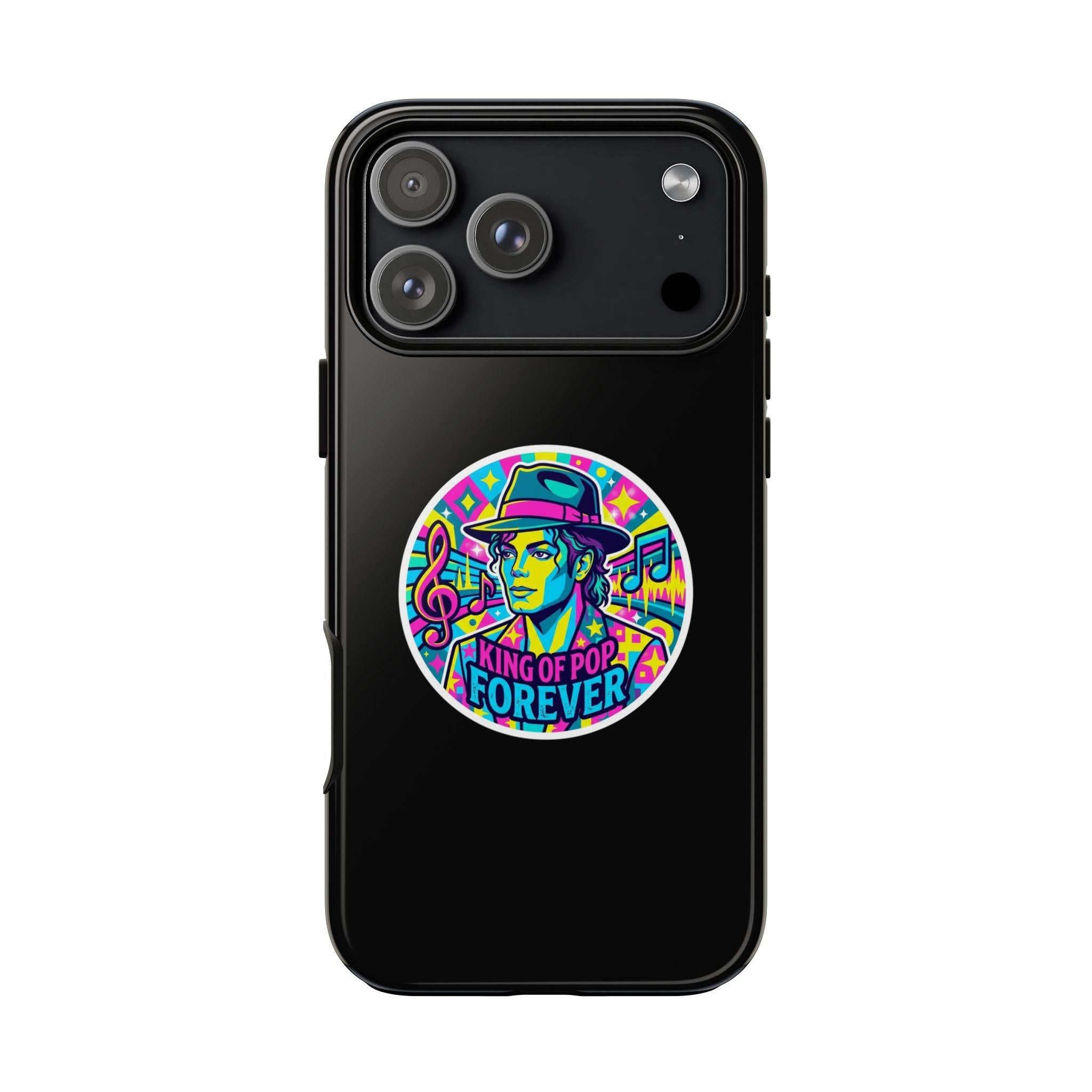 Matte Black iPhone Tough Cases 12 to 17 Pro Max  — "King of Pop Forever" Retro Pop Art Phone Case