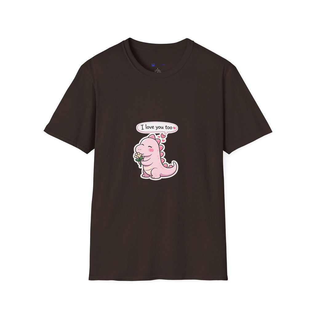 Cute Pink Dino T‑Shirt — "I love you too" Valentine Tee
