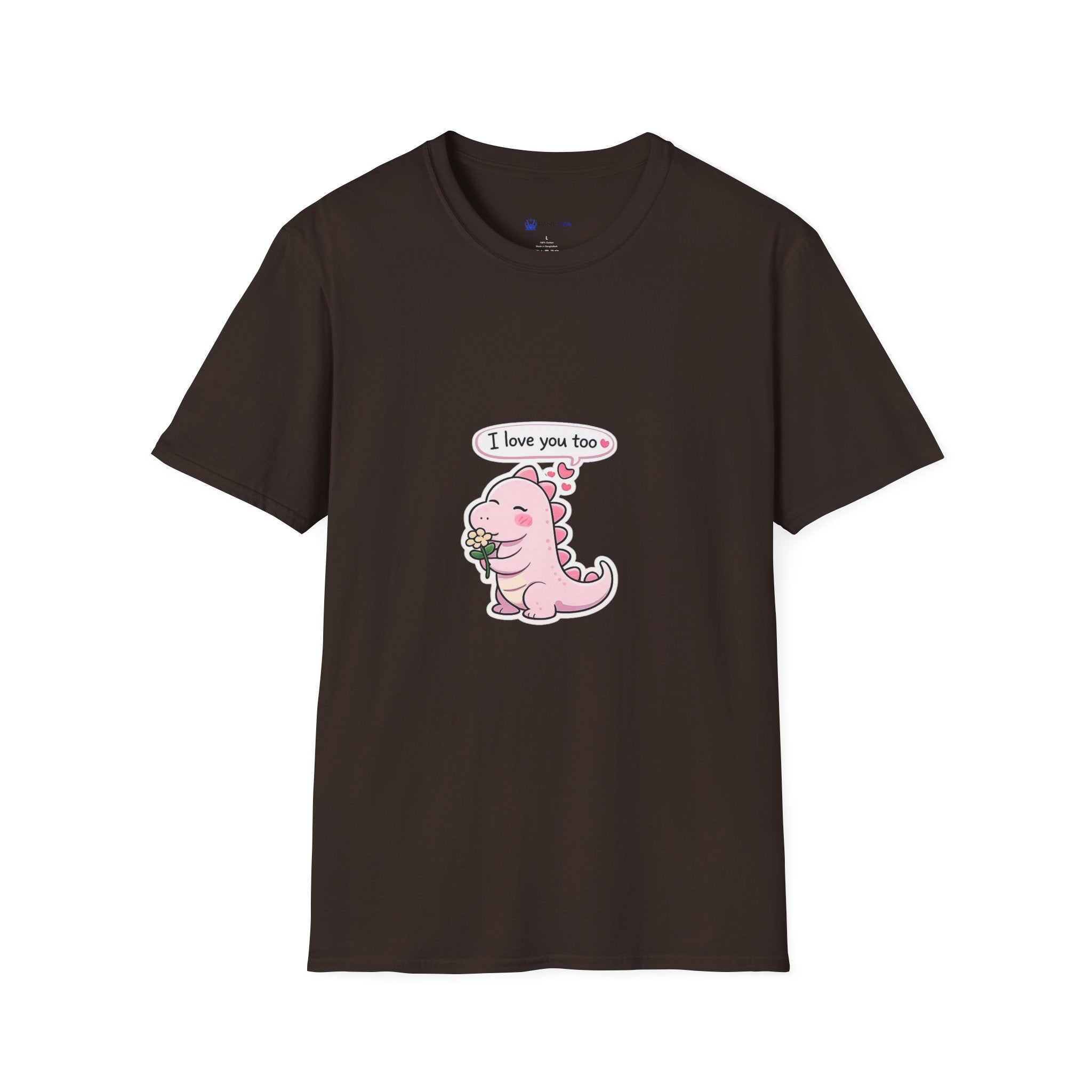 Cute Pink Dino T‑Shirt — "I love you too" Valentine Tee