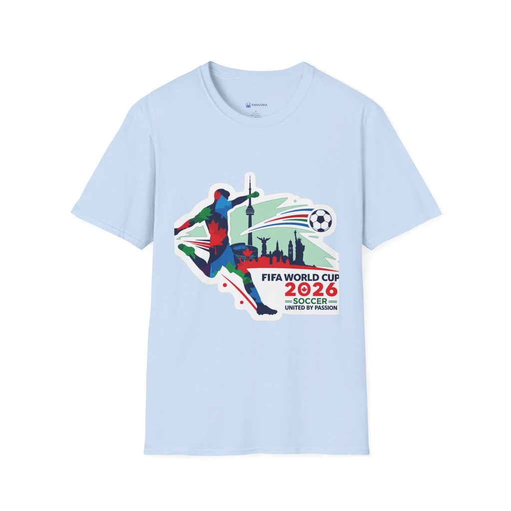 Soccer Cup 2026 T-Shirt — Colorful Player Silhouette with Stadium Skyline