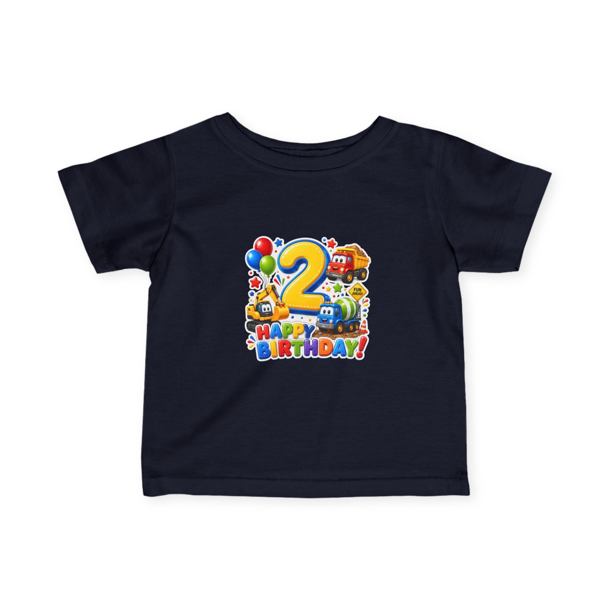 2nd Birthday Infant Tee — Colorful Trucks, Balloons & 'Happy Birthday' Design
