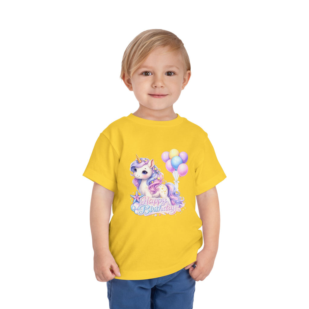 Toddler Tee — Pastel Unicorn "Happy Birthday" Shirt with Balloons