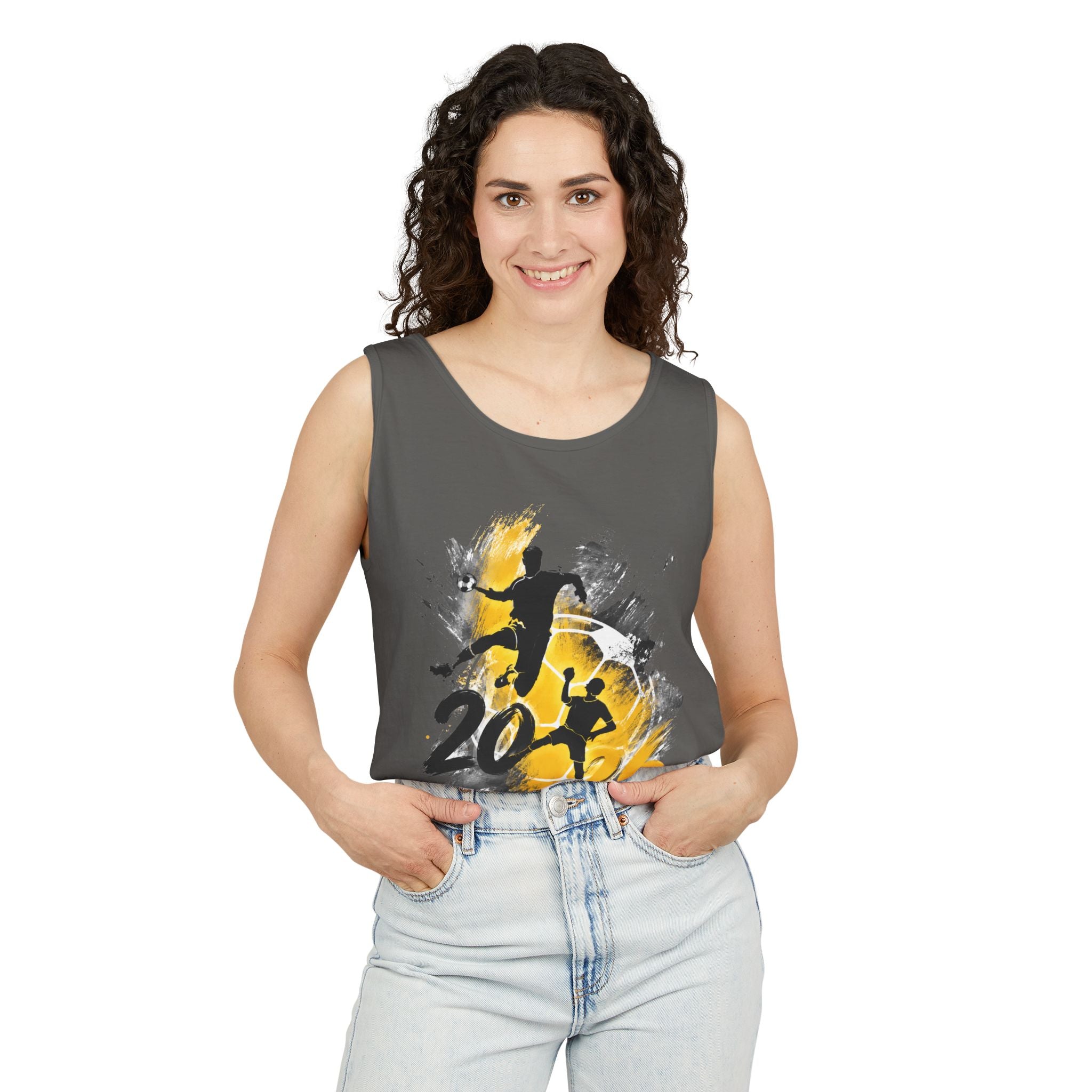 Soccer 2016 Player Silhouette Tank Top — Yellow Brushstroke Sports Vest.