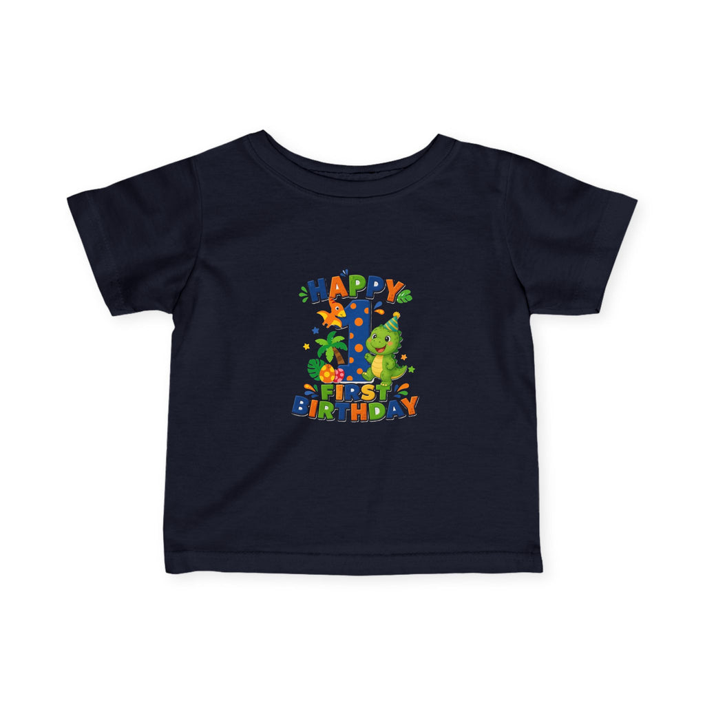 Happy 1st Birthday Infant Tee — Colorful Dino First Birthday Shirt