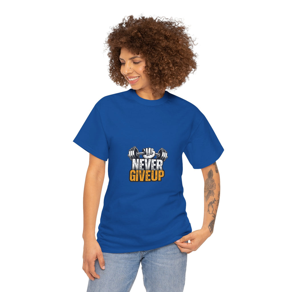 Never Give Up Fitness T-Shirt — Motivational Gym Tee with Dumbbell Graphic