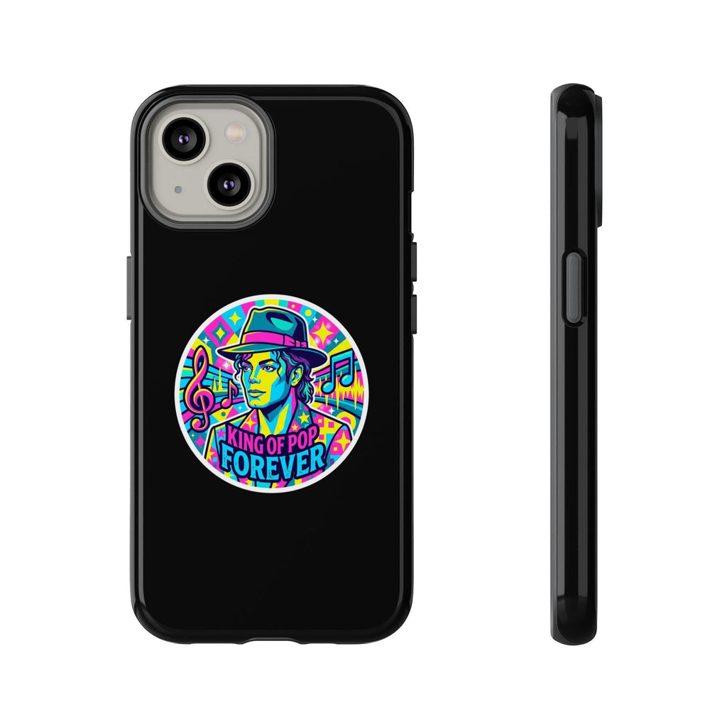 Matte Black iPhone Tough Cases 12 to 17 Pro Max  — "King of Pop Forever" Retro Pop Art Phone Case.