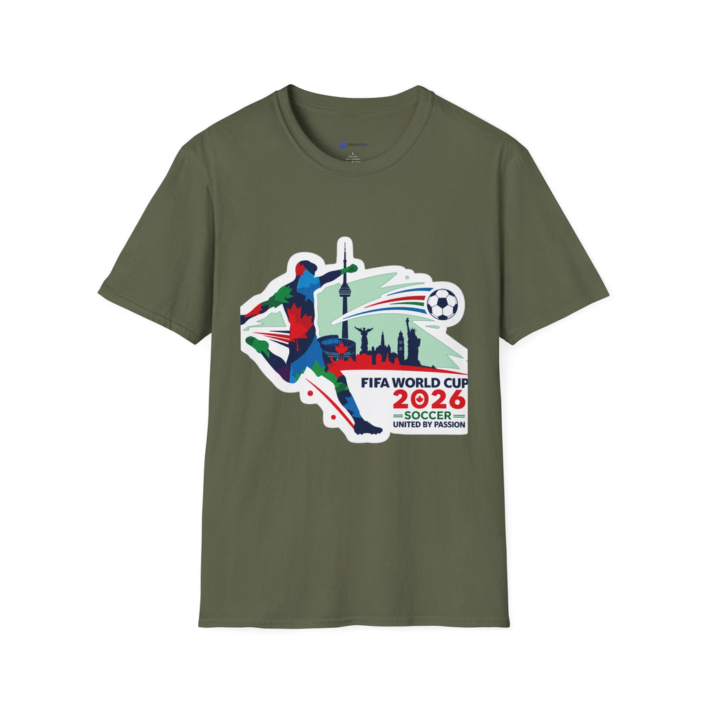 Soccer Cup 2026 T-Shirt — Colorful Player Silhouette with Stadium Skyline