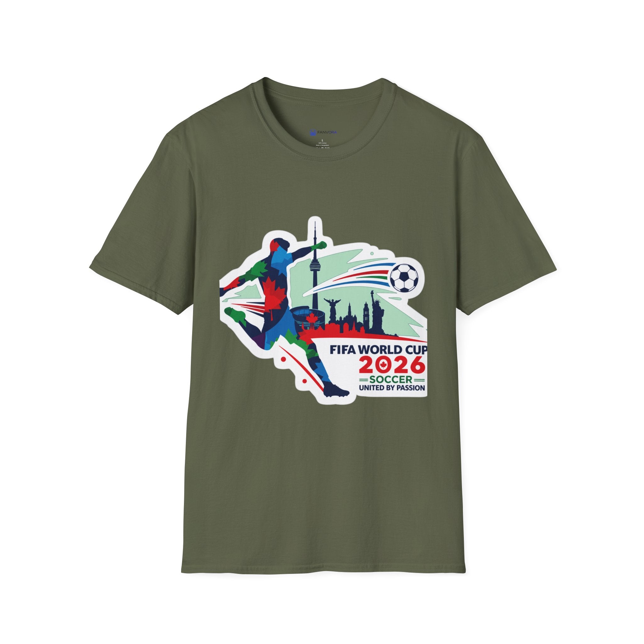 Soccer Cup 2026 T-Shirt — Colorful Player Silhouette with Stadium Skyline