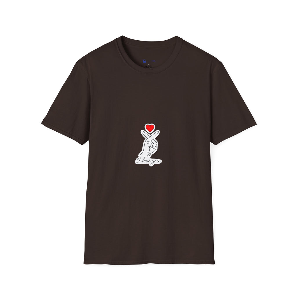 T-Shirt — Minimal Korean Finger Heart Design with 'I Love You' Pocket Graphic