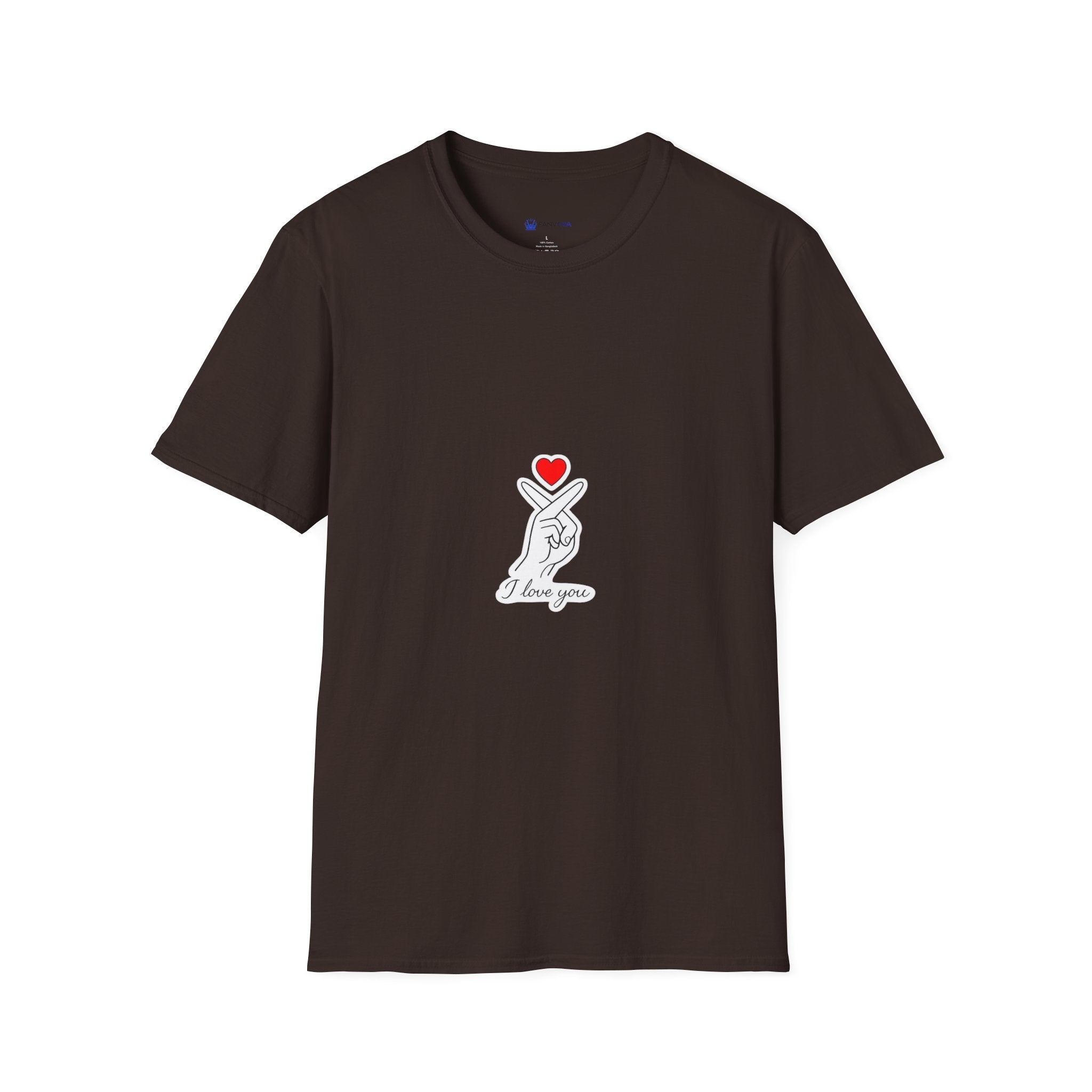 T-Shirt — Minimal Korean Finger Heart Design with 'I Love You' Pocket Graphic