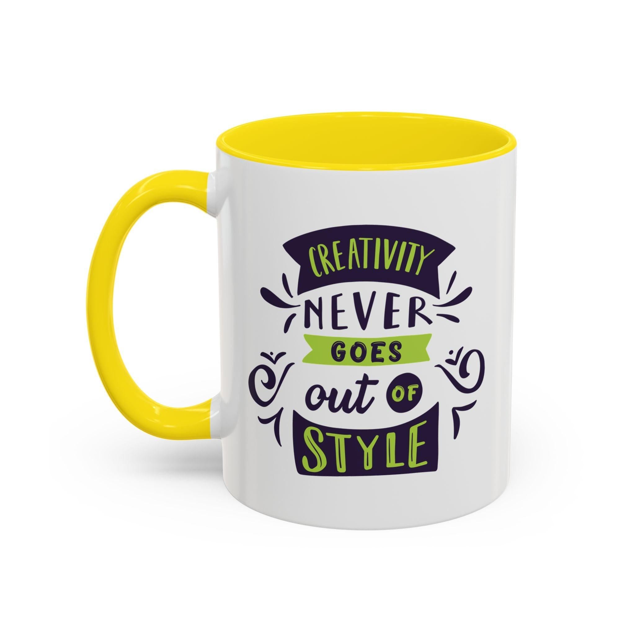 Inspirational "Creativity Never Goes Out of Style" Accent Coffee Mug (Black Handle).