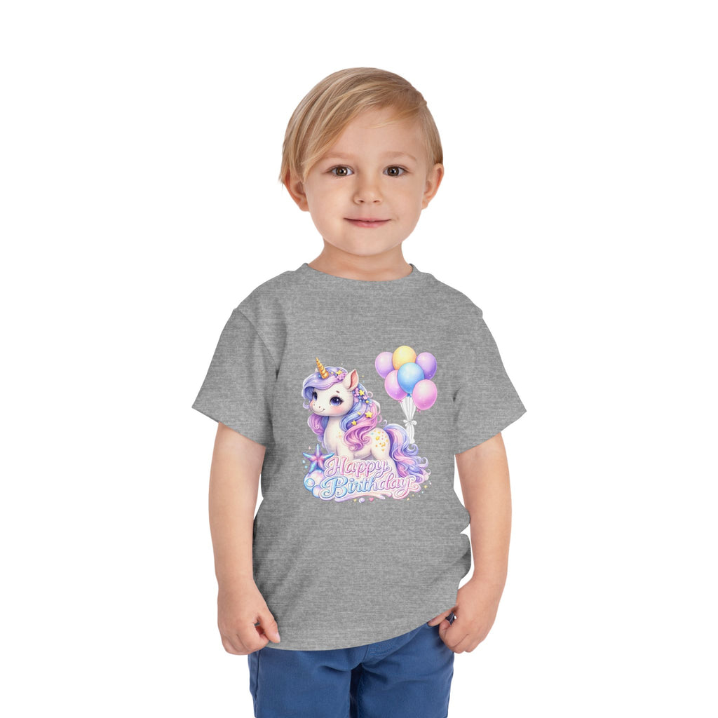 Toddler Tee — Pastel Unicorn "Happy Birthday" Shirt with Balloons