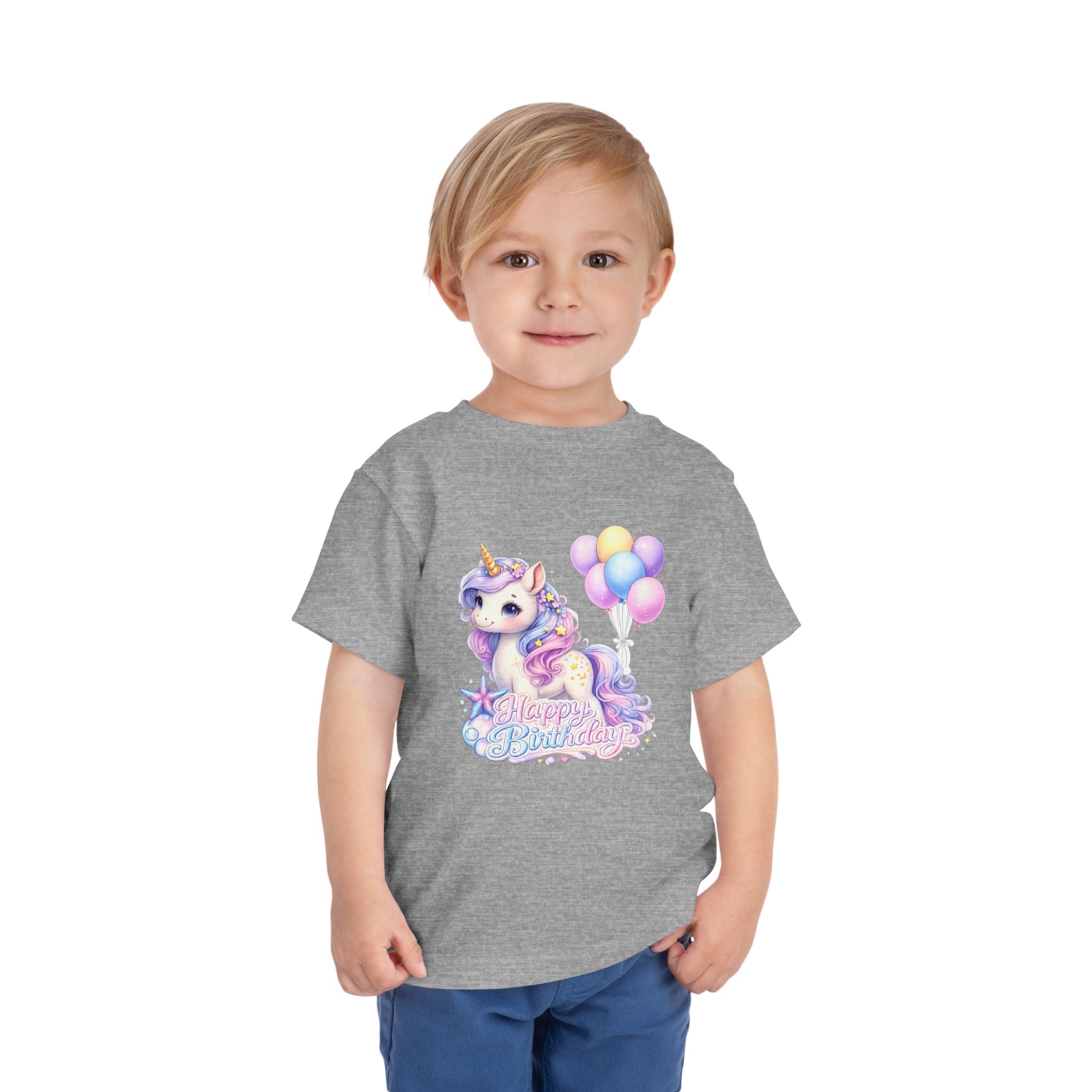 Toddler Tee — Pastel Unicorn "Happy Birthday" Shirt with Balloons