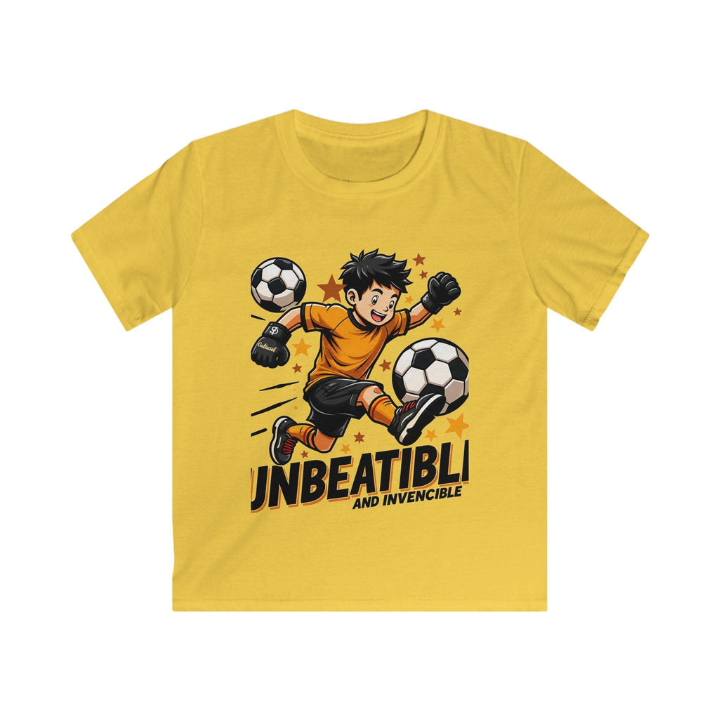 Kids Soccer Tee — "Unbeatable! and Invincible" Youth Soccer Graphic Shirt.