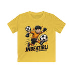 Kids Soccer Tee — "Unbeatable! and Invincible" Youth Soccer Graphic Shirt.