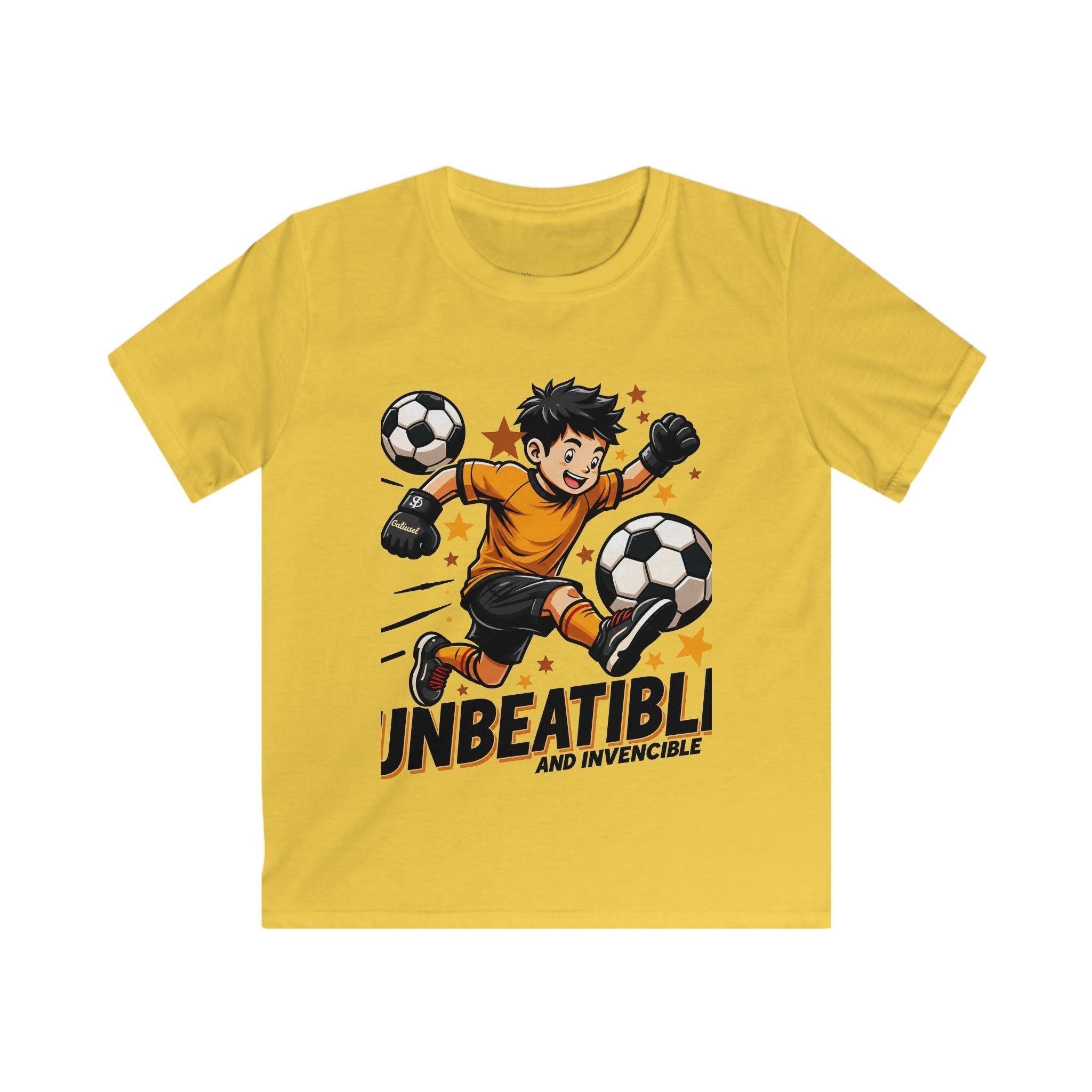 Kids Soccer Tee — "Unbeatable! and Invincible" Youth Soccer Graphic Shirt.