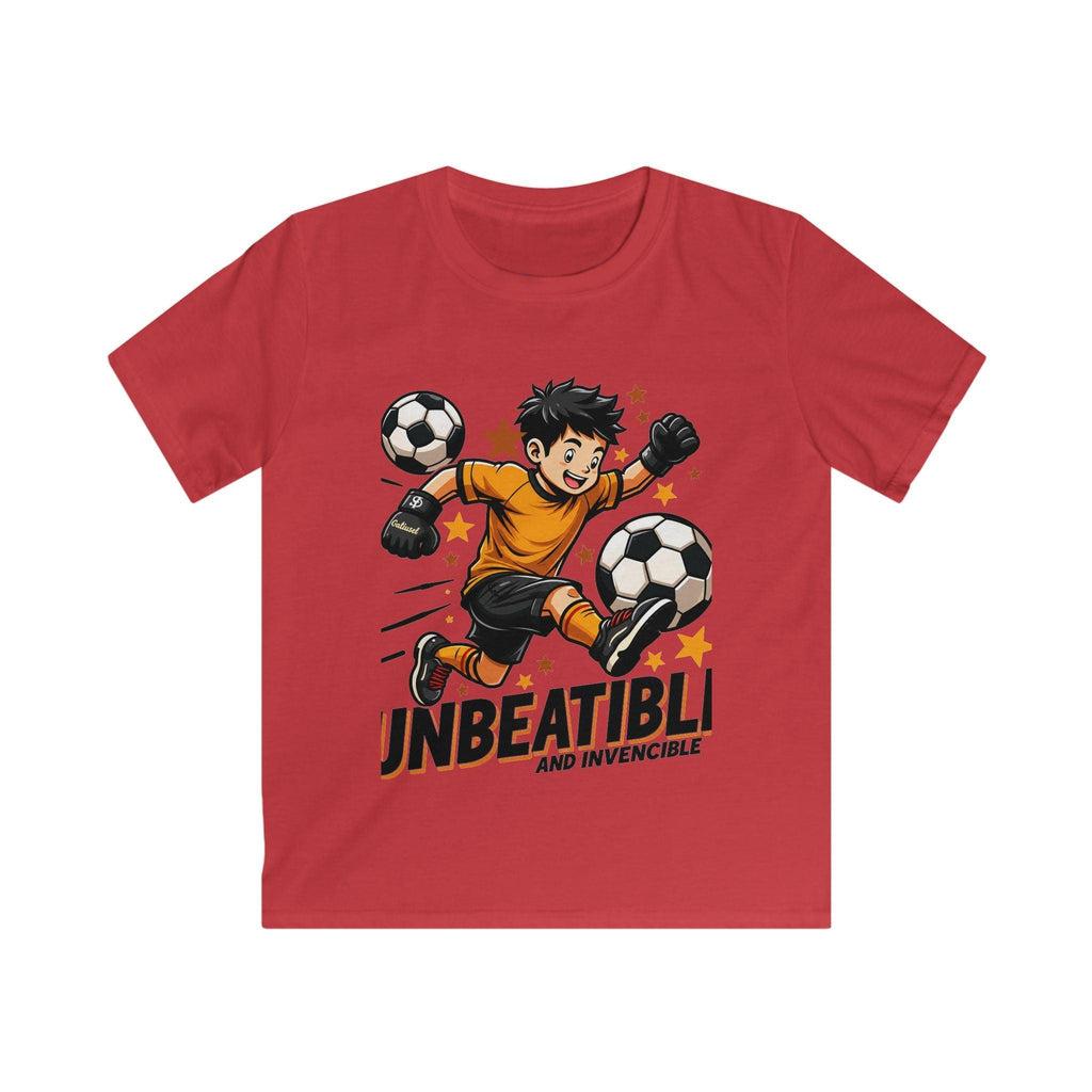 Kids Soccer Tee — "Unbeatable! and Invincible" Youth Soccer Graphic Shirt.