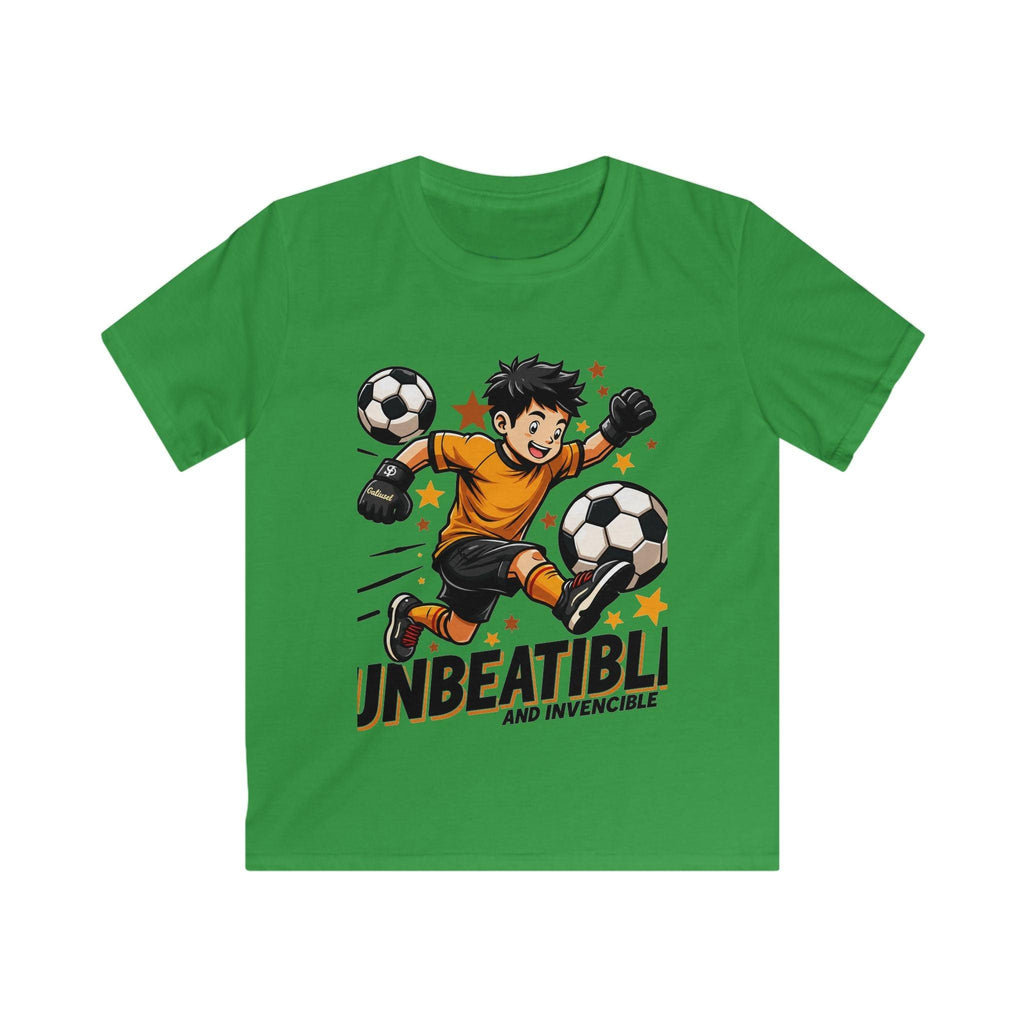 Kids Soccer Tee — "Unbeatable! and Invincible" Youth Soccer Graphic Shirt.