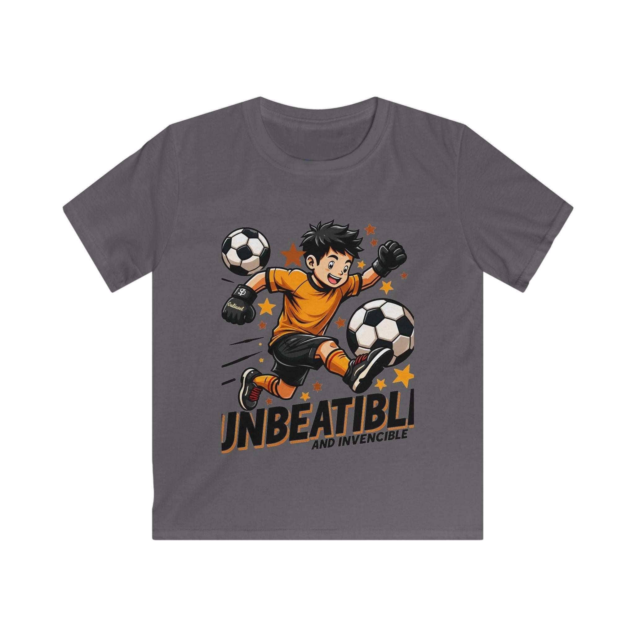 Kids Soccer Tee — "Unbeatable! and Invincible" Youth Soccer Graphic Shirt.