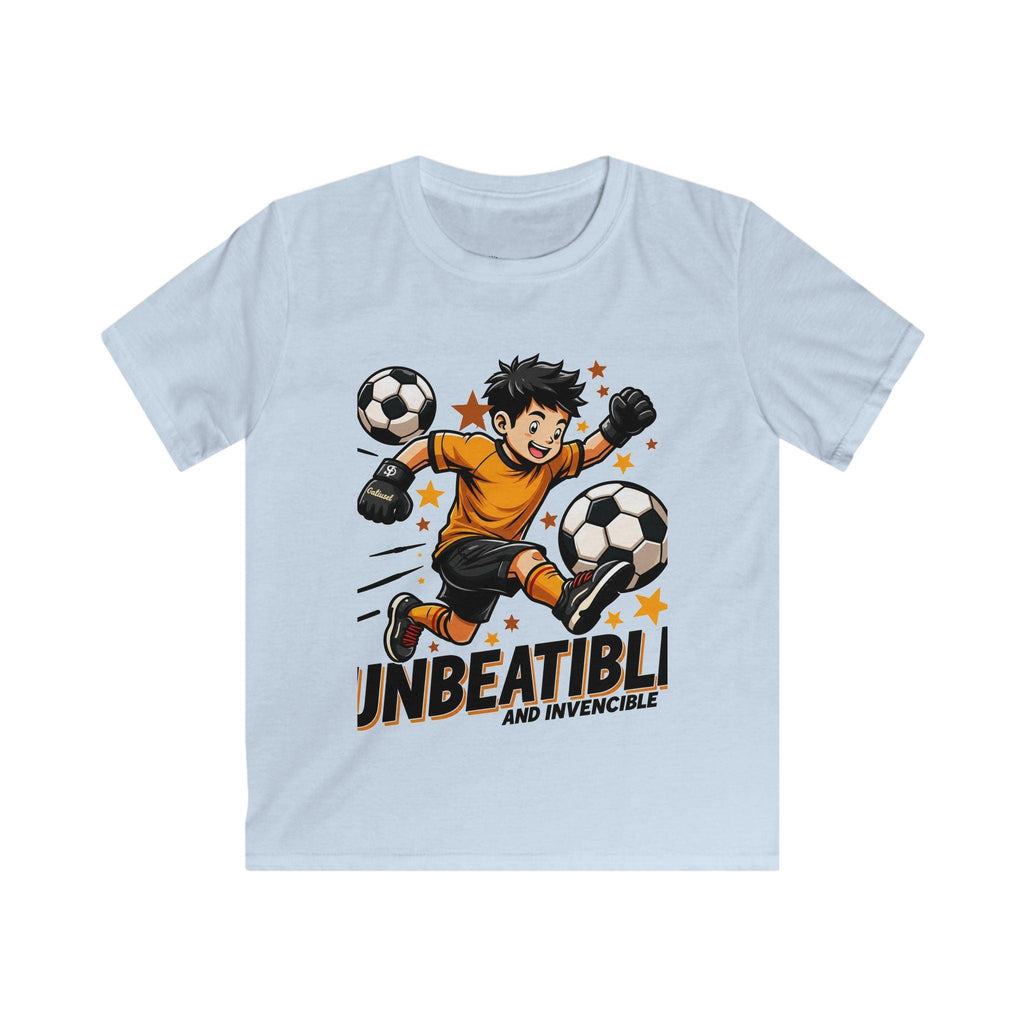 Kids Soccer Tee — "Unbeatable! and Invincible" Youth Soccer Graphic Shirt.