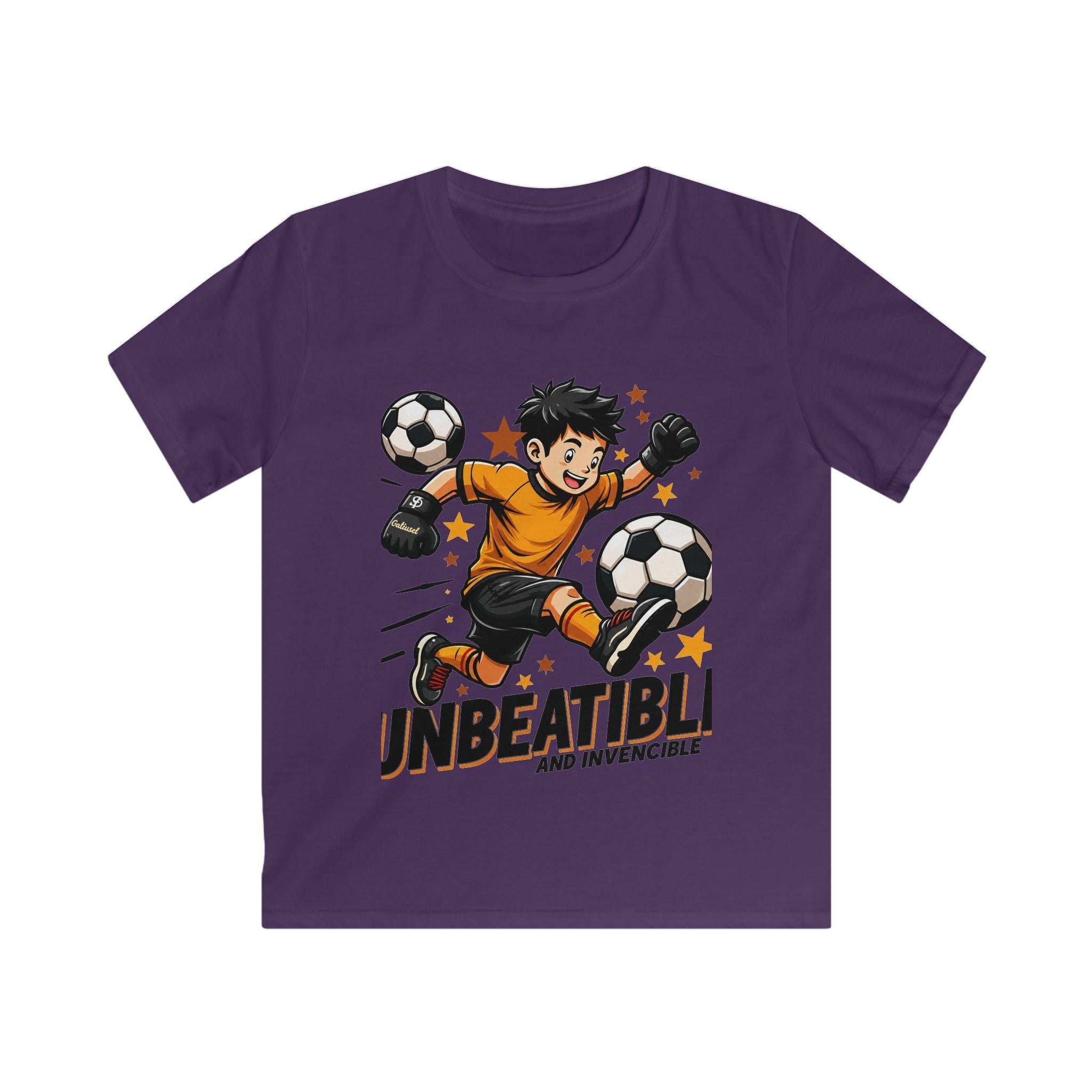 Kids Soccer Tee — "Unbeatable! and Invincible" Youth Soccer Graphic Shirt.