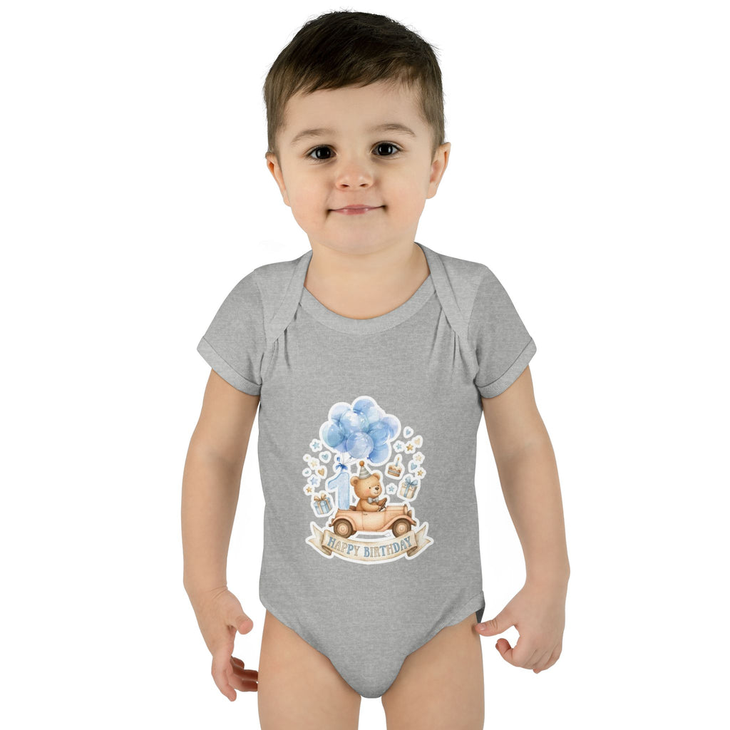 Baby Bodysuit - Blue Teddy Bear with Balloons "Happy Birthday" Infant Onesie