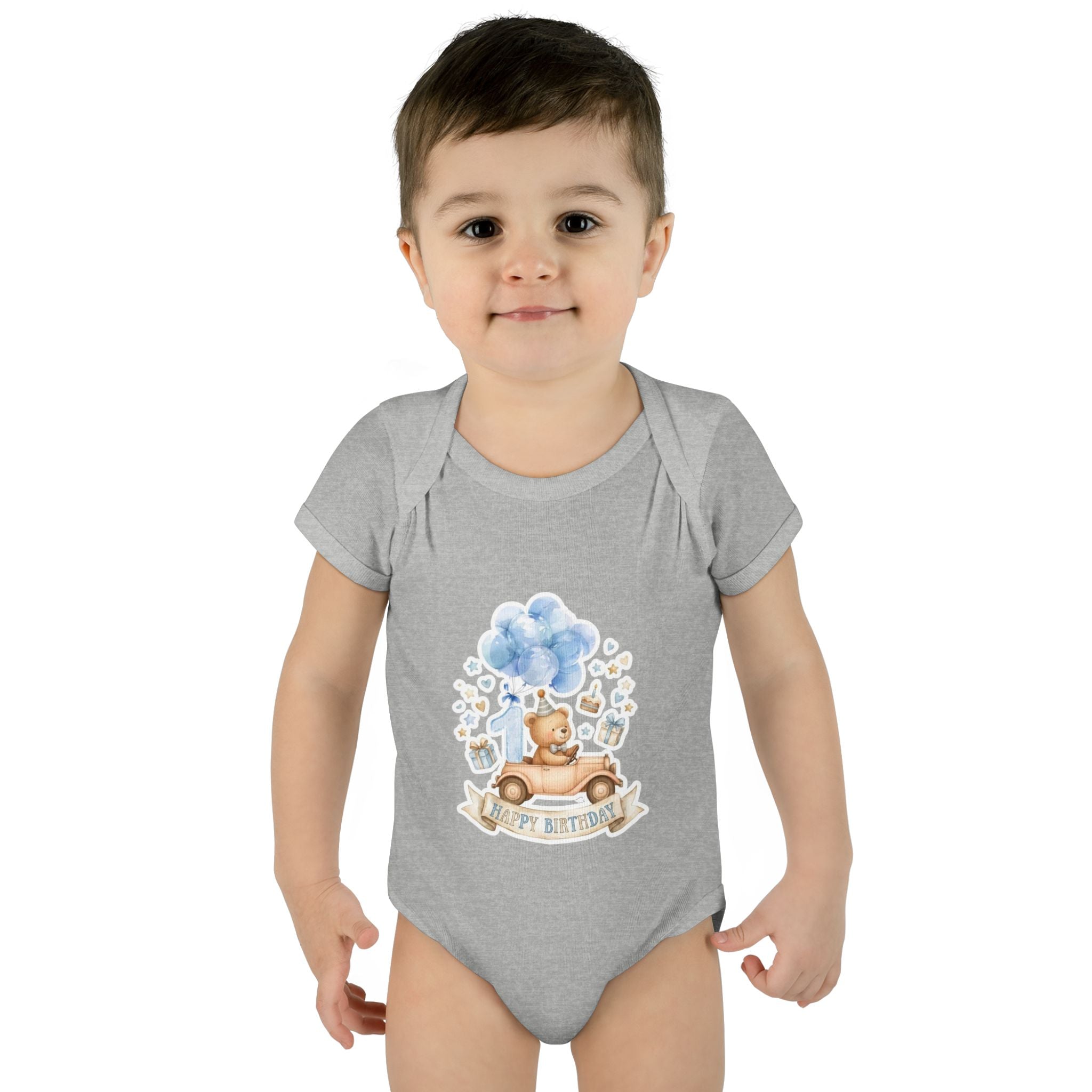 Baby Bodysuit - Blue Teddy Bear with Balloons "Happy Birthday" Infant Onesie