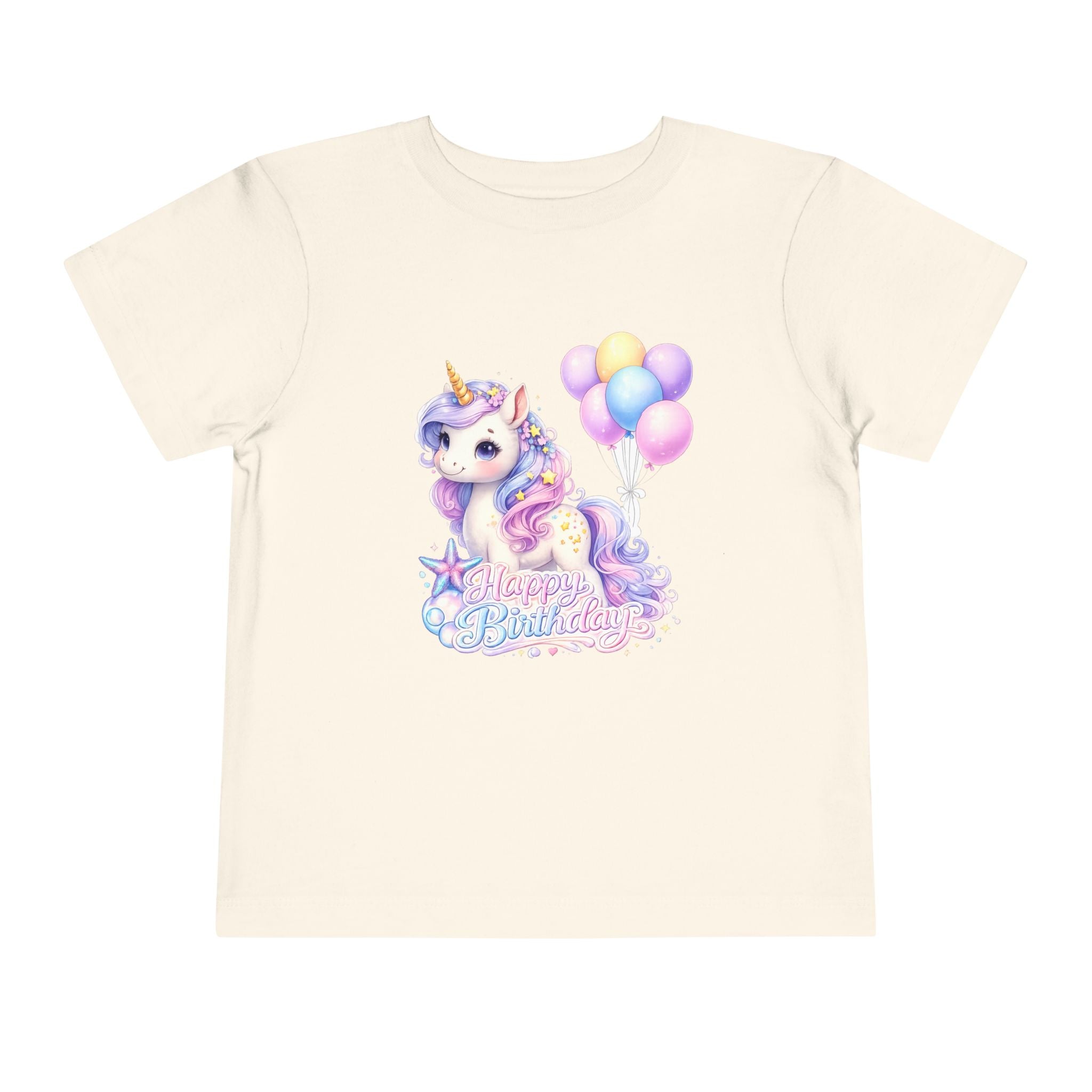 Toddler Tee — Pastel Unicorn "Happy Birthday" Shirt with Balloons