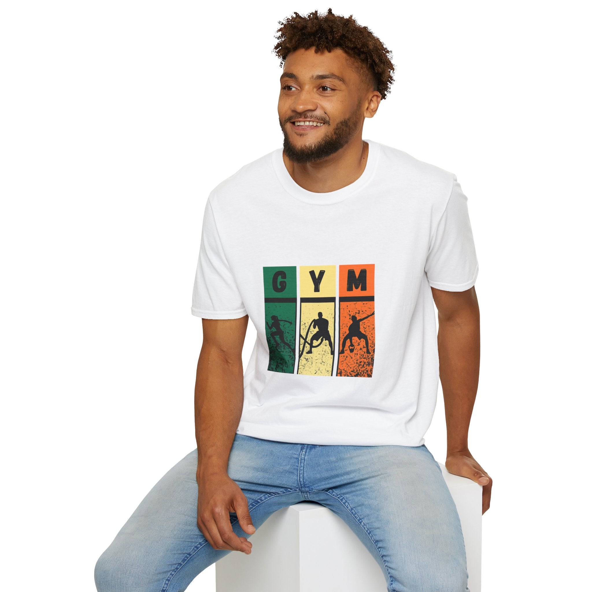 Gym Retro Blocks T‑Shirt — Vintage Fitness Silhouette Tee