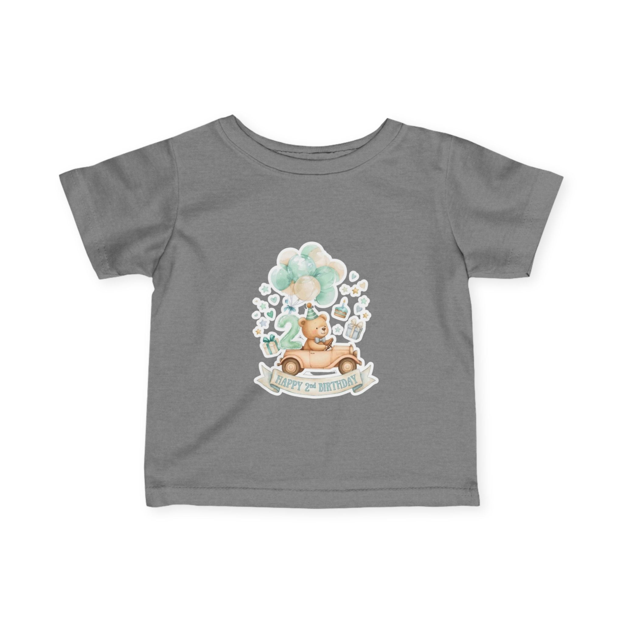 Baby 2nd Birthday Tee - Cute Bear in Car with Balloons Infant Shirt