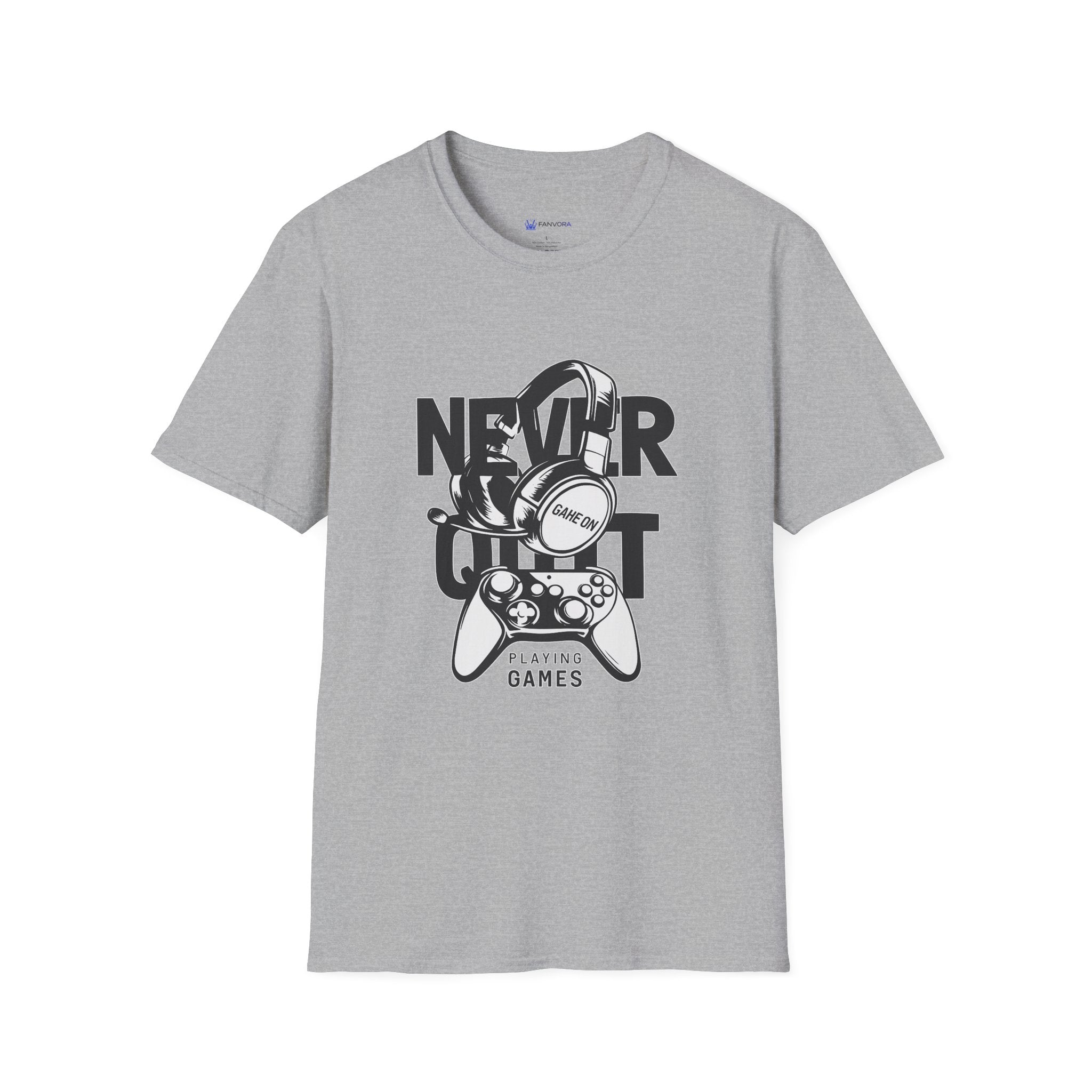 Gamer 'Never Quit' T-Shirt — Headphones & Controller Retro Gaming Tee