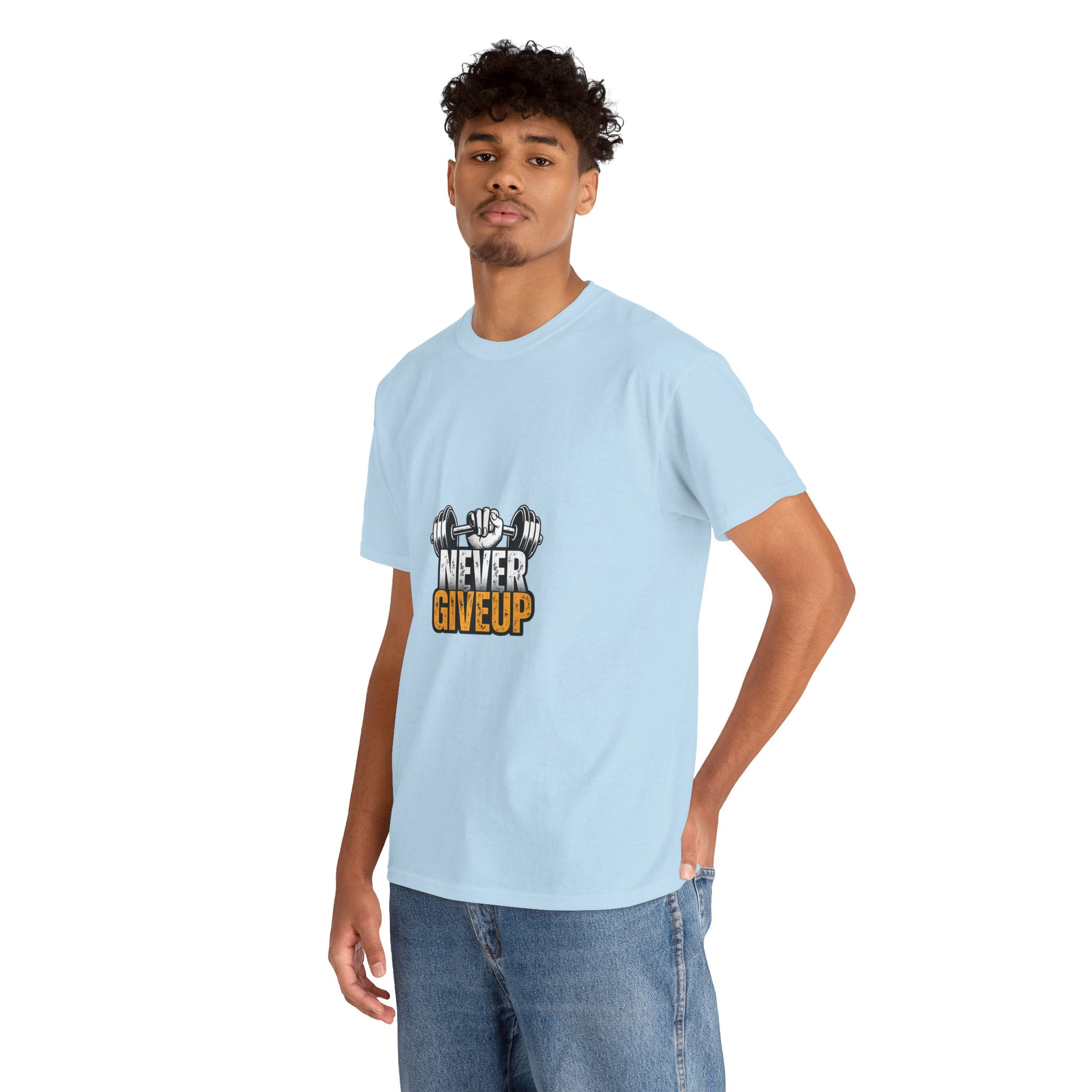 Never Give Up Fitness T-Shirt — Motivational Gym Tee with Dumbbell Graphic