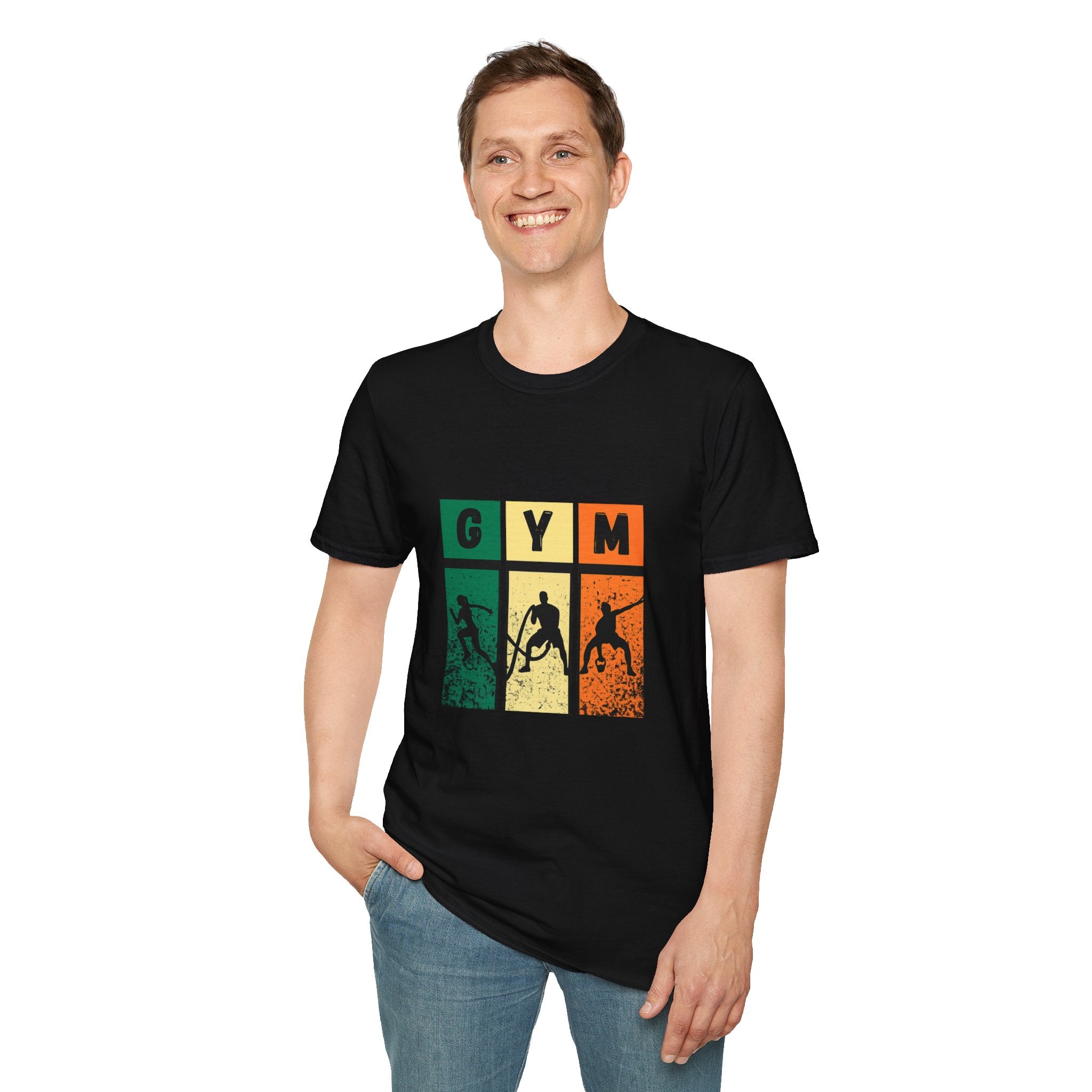 Gym Retro Blocks T‑Shirt — Vintage Fitness Silhouette Tee