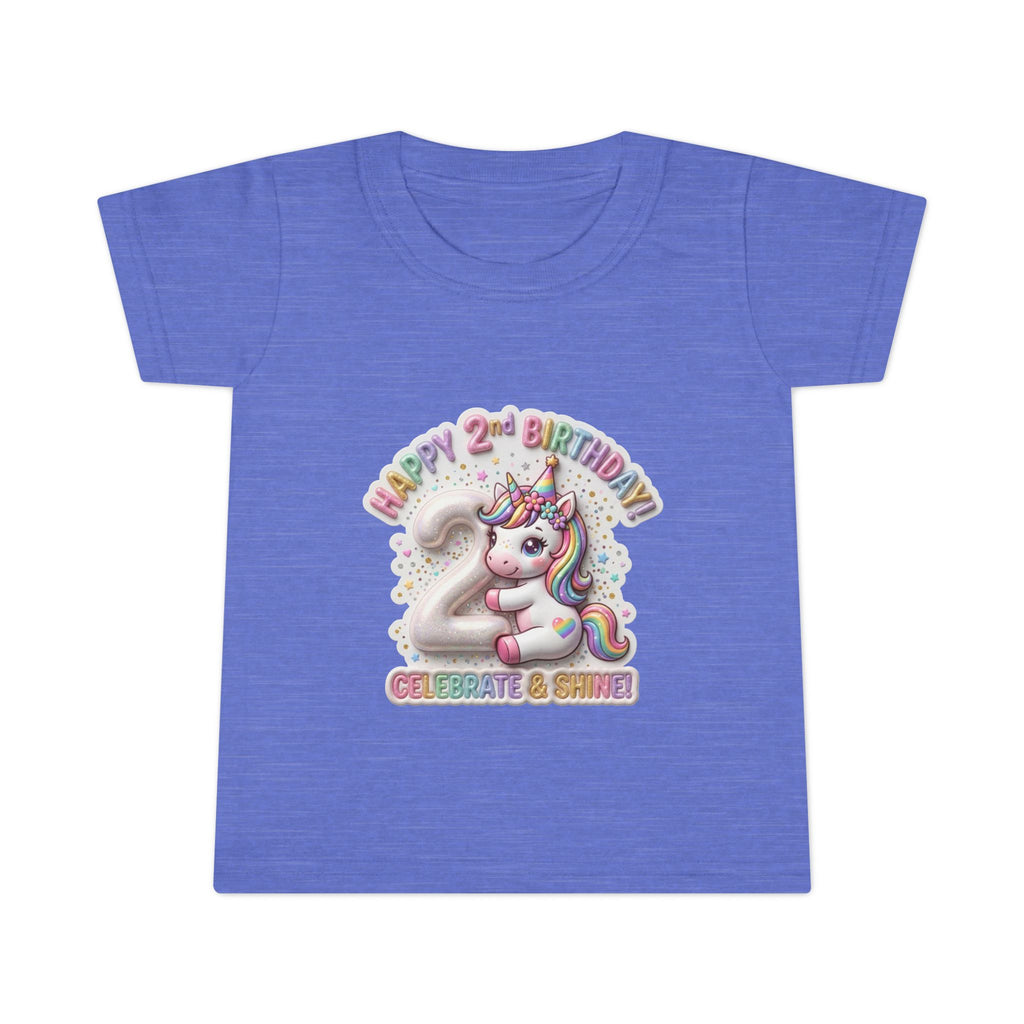 Toddler T-shirt — "Happy 2nd Birthday" Unicorn Celebrate & Shine