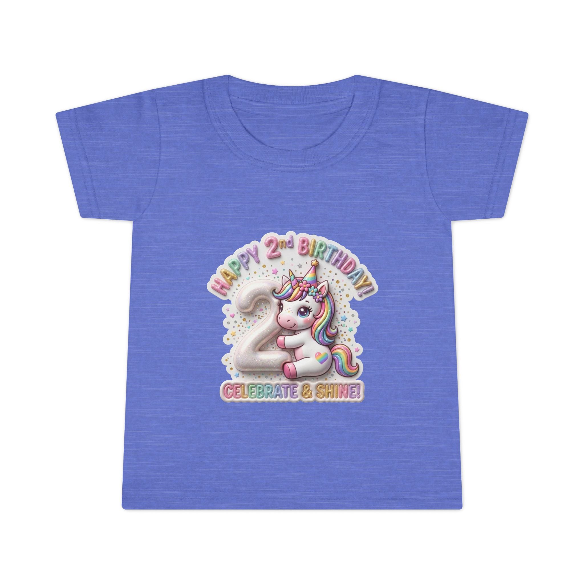Toddler T-shirt — "Happy 2nd Birthday" Unicorn Celebrate & Shine