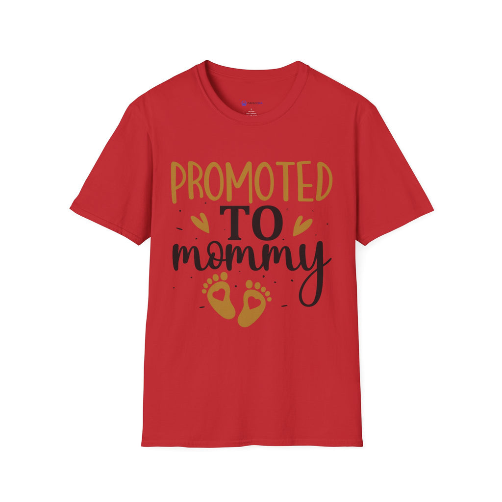 Promoted to Mommy T-Shirt — Pregnancy Announcement Tee with Gold Hearts & Baby Footprints
