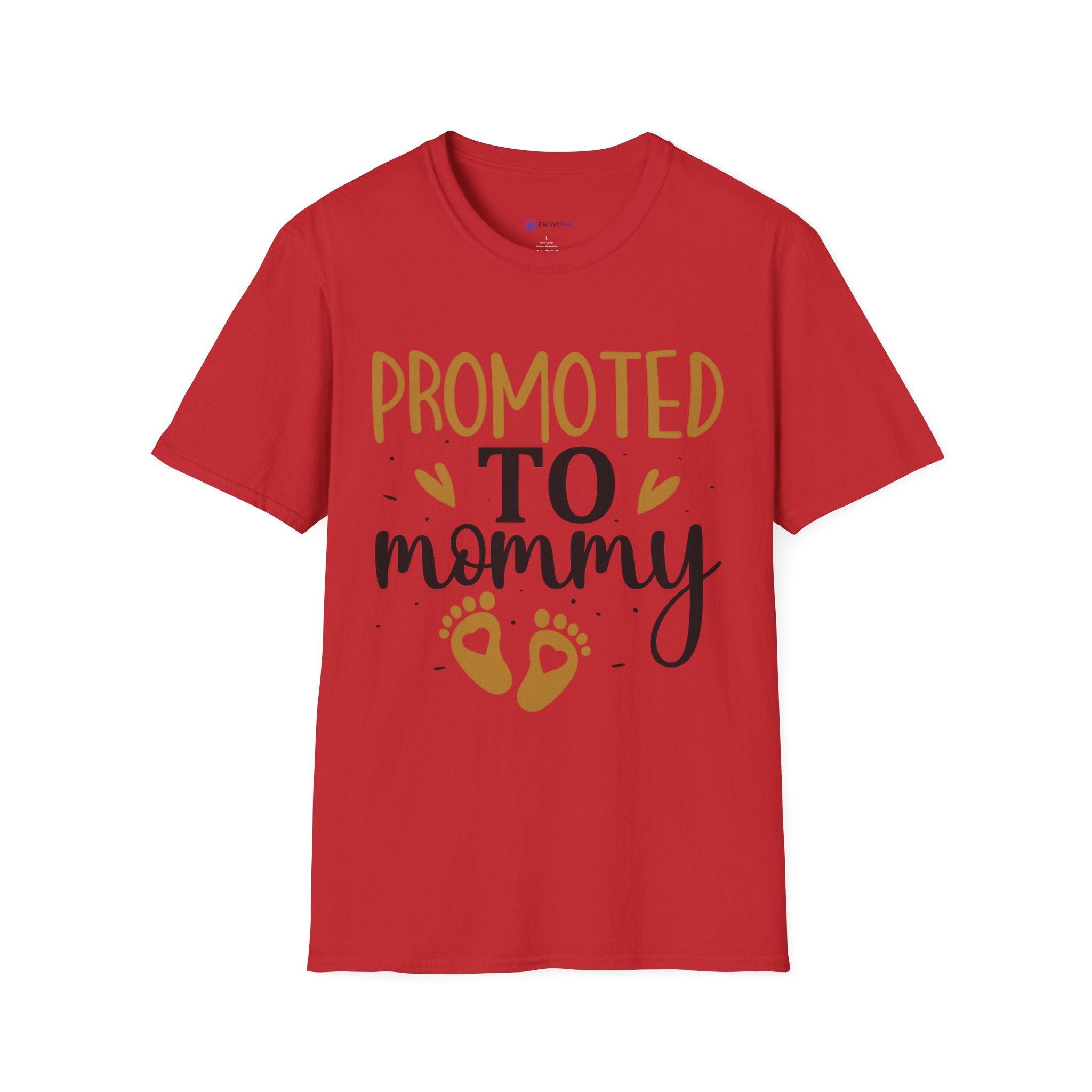 Promoted to Mommy T-Shirt — Pregnancy Announcement Tee with Gold Hearts & Baby Footprints
