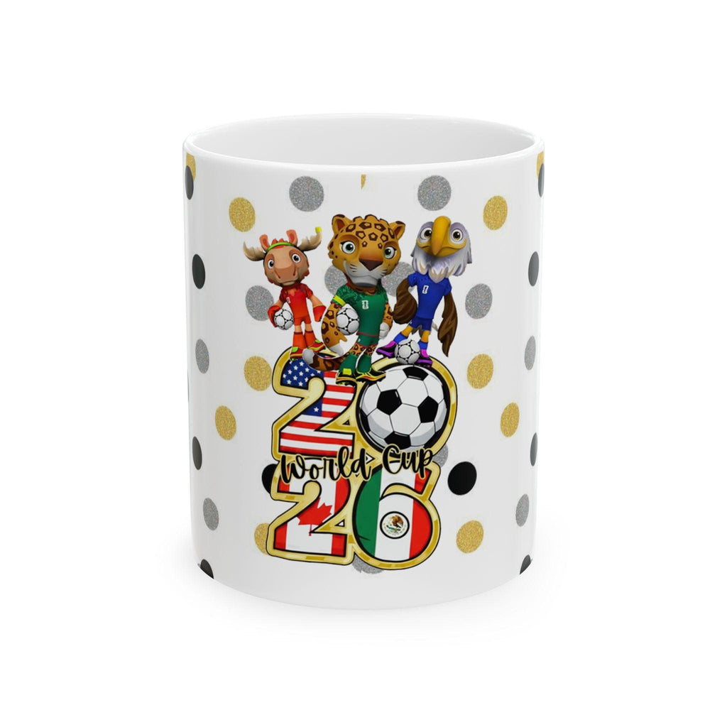 World Cup 2026 Soccer Mug with Mascot Trio — USA/Mexico/Canada Football Gift (11oz/15oz).